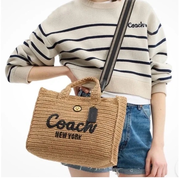 Coach Woven Straw Tote in Tan with Black Logo - Picture 6 of 6